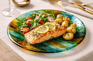 Fused glass dinner plate with salmon and roasted vegetables
