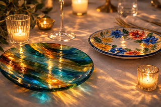 comparison of glass plate and ceramic plate on ivory tablecloth showing light reflection and surface differences
