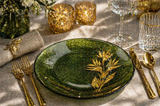 green fused glass dinner plate with integrated gold design
