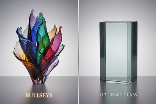 Bullseye and ordinary glass comparison showing color clarity differences