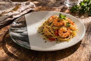 shrimp pasta glass plate